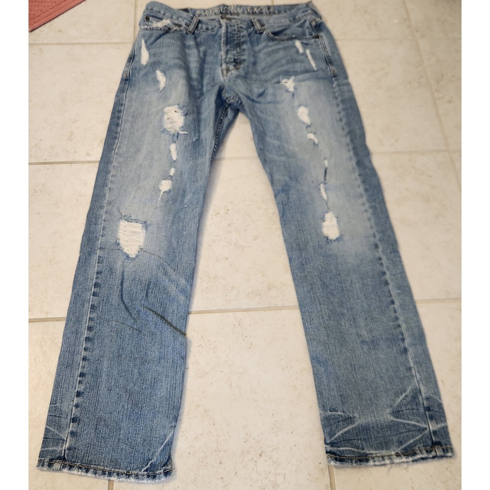 American Eagle Mens Straight Leg Distressed Ripped Light Wash Jeans 33x32